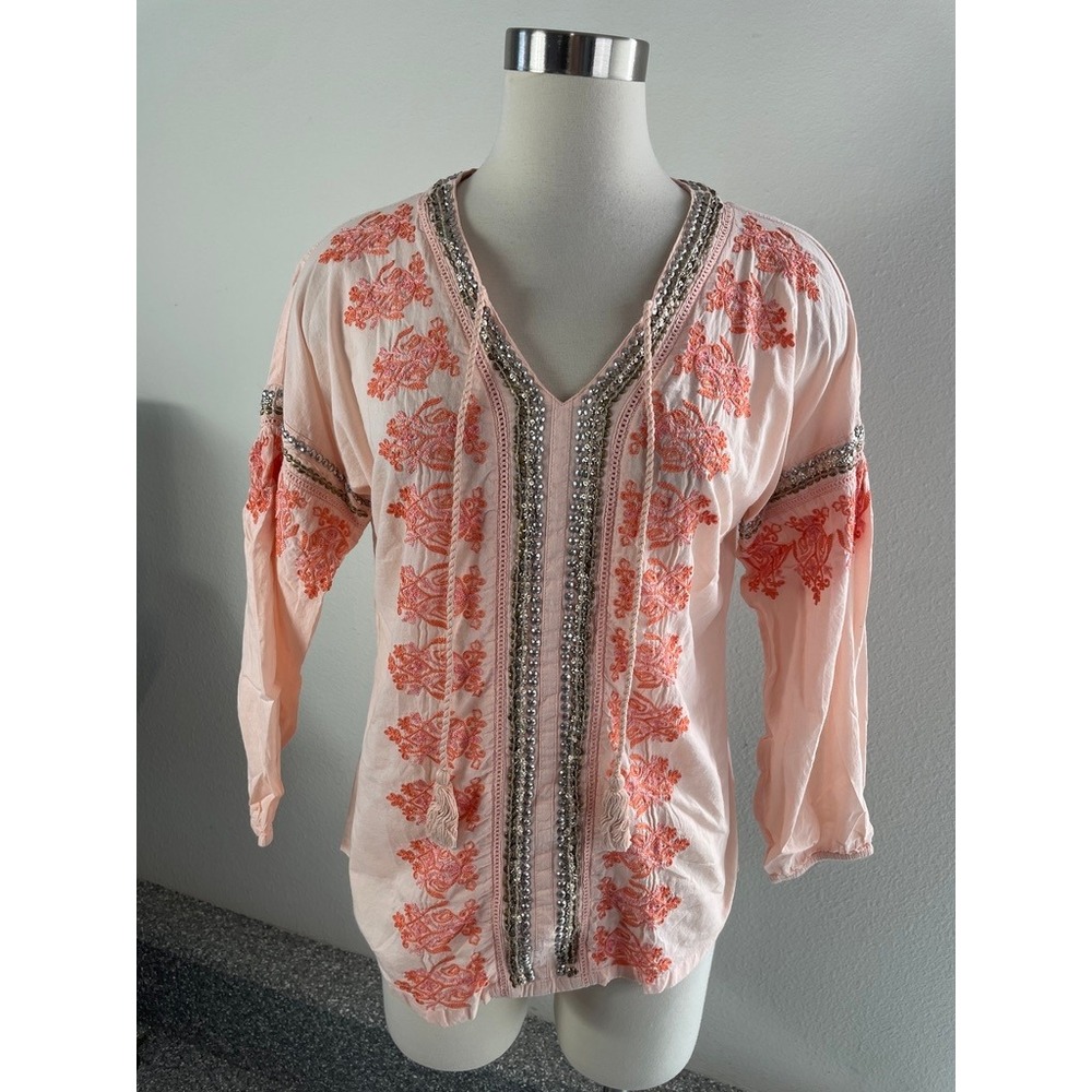 Sundance‎ Womens XS Embroidered Studded Cotton Tunic Top Peach Pink Boho